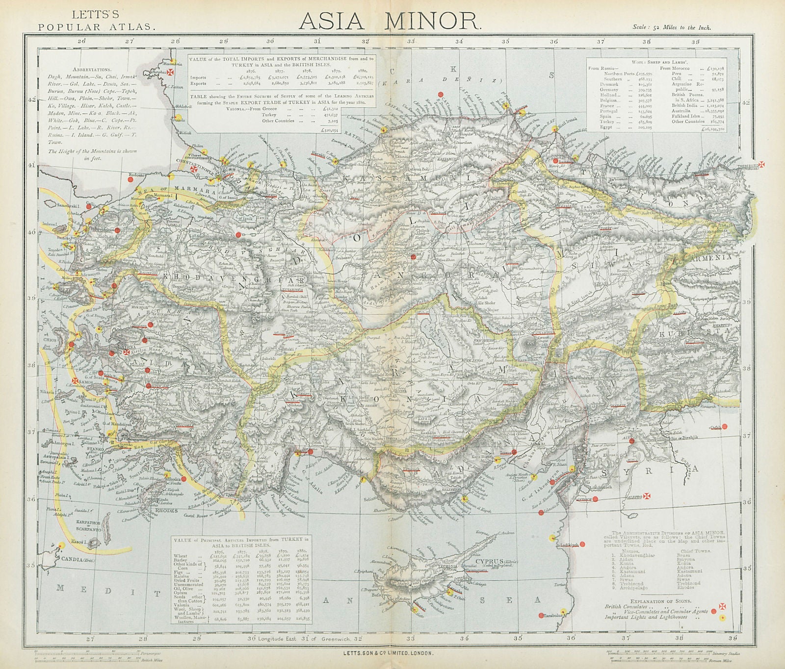 TURKEY. Asia Minor vilayets. Dodecanese. British Consuls. Cyprus. LETTS 1883 map